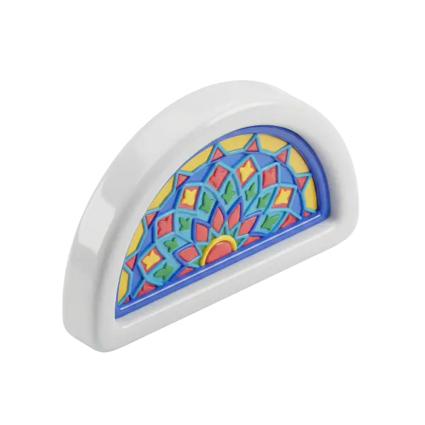3D render of a semicircular qamariya-style stained glass window with a glossy white arched frame and colorful geometric glass panels in blue, yellow, red and green, finished with a shiny ceramic-like surface. Isolated on a black background.