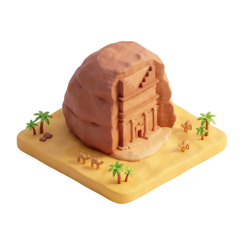 3D clay-style depiction of Qasr al-Farid: a freestanding Nabataean rock-cut tomb carved into a rounded sandstone boulder, shown on a sandy diorama with small palm trees and camels. Warm, soft lighting highlights terracotta and desert-yellow tones in a three-quarter perspective on an isolated transparent background.