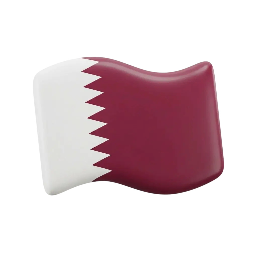 3D render of a wavy Qatar flag in maroon and white with a glossy finish and a serrated nine-point edge, presented as an isolated render on a black background.