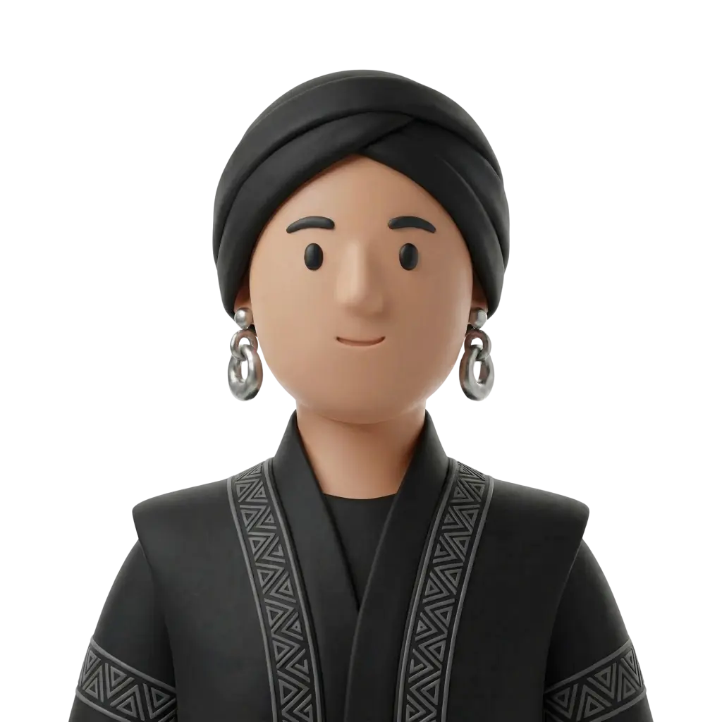 3D portrait bust of a female Qatari art curator wearing a black turban and a black embroidered abaya with geometric trim, large silver hoop earrings, neutral smile and relaxed posture, isolated on a transparent background.