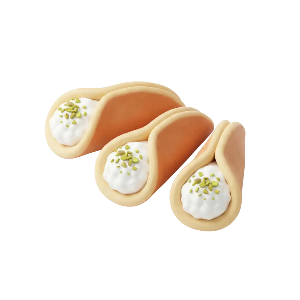 Isolated render of three folded Qatayef Asafiri with smooth beige pancake shells, white creamy ashta filling and chopped green pistachios on a black background.