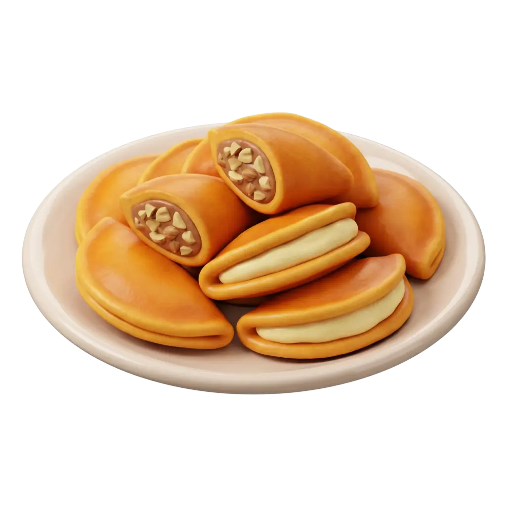 3D render of a plate of qatayef: folded golden-brown pancakes with smooth cream and chopped nut fillings on a glossy ceramic plate, isolated on a transparent background.
