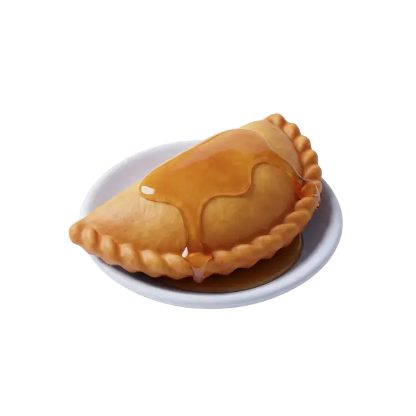 3D render of a folded golden-brown qatayef drizzled with amber syrup on a white plate, showing crimped edges and glossy syrup pooling, isolated on a black background.