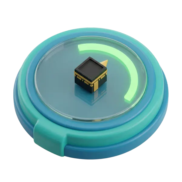 3D render of a circular teal and turquoise qibla compass with a glossy plastic two-tiered ring, transparent glass top, and a small stylized black-and-gold Kaaba marker with a gold directional needle. Isolated render on a black background.