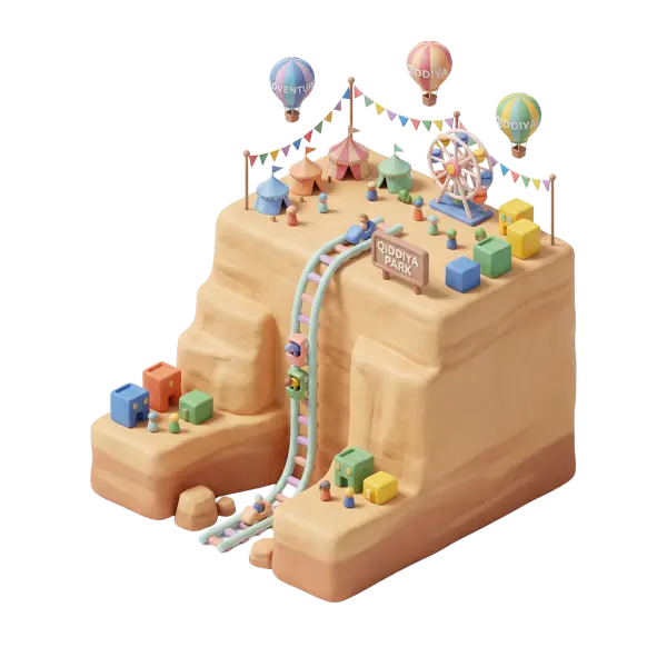 3D clay-style depiction of a stylized desert plateau representing Qiddiya, topped by a miniature amusement park with tents, a ferris wheel, a roller-coaster track, colorful block buildings and hot-air balloons. Soft pastel palette, isometric perspective and warm studio lighting on an isolated (transparent) background.