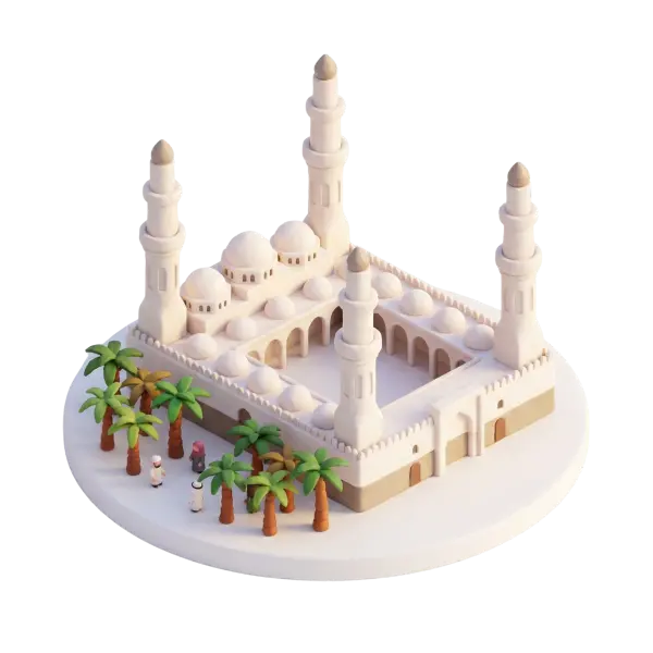 3D render of Quba Mosque with soft cream domes and four tall minarets, shown on a round base with stylized palm trees and tiny pilgrim figures; isometric perspective with soft, warm lighting and isolated dark background. The model highlights the mosque's central courtyard, arched colonnades, and repeated dome rhythm in a minimalist clay-like finish.
