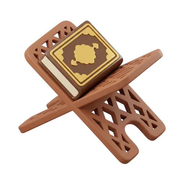 3D render of a brown carved Quran reading stand (rihal) holding a decorative brown and gold Quran, smooth matte wood-like finish with gold metallic accents on the book, isolated on a black background.