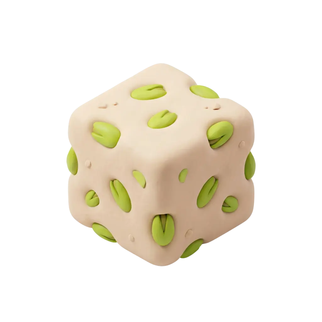 3D render of a cube-shaped sweet tahini block studded with whole green pistachios; smooth beige paste texture with glossy bright-green nut kernels recessed into the surface, isolated on a black background.