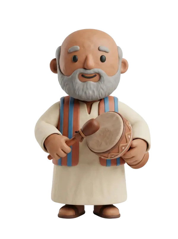 Full-body 3D character of an elderly male Ramadan drummer wearing a cream thobe and a striped blue-and-brown sleeveless vest, with a white beard and smiling expression. He holds a small hand drum and a wooden mallet, wears sandals, and is shown as an isolated render on a black background.