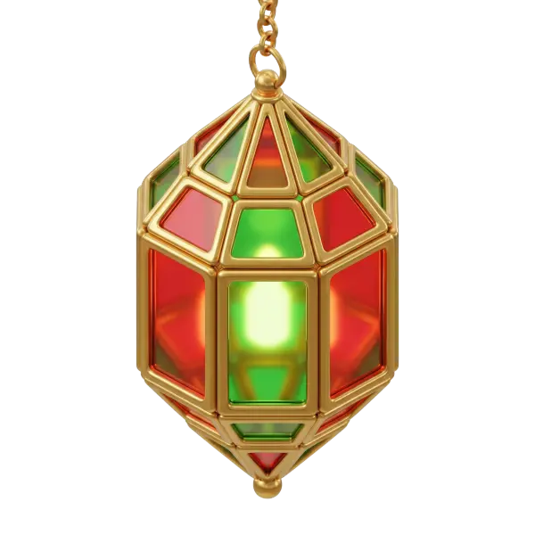 3D render of a hanging Ramadan lantern with a faceted polygonal shape, gold metallic frame and glossy red and green glass panels, suspended by a short gold chain on a black isolated background.