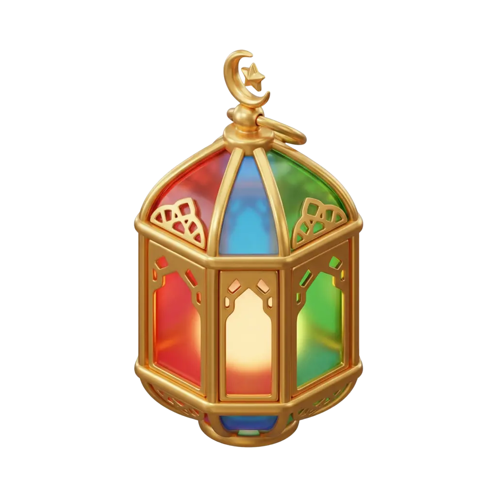 3D render of a traditional Ramadan lantern with a gold metallic frame, crescent-and-star finial, and colorful stained-glass panels in red, blue and green, glossy reflective finish on a black background.