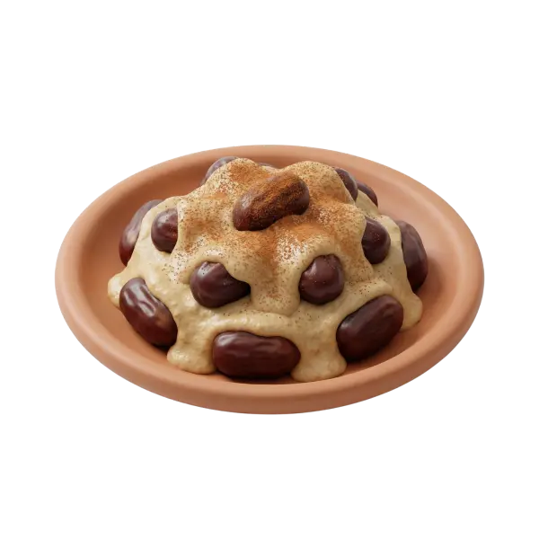 3D render of a mound of glossy whole dates arranged on a terracotta plate, topped with a creamy beige tahini-like sauce and dusted with cinnamon, isolated on a black background.
