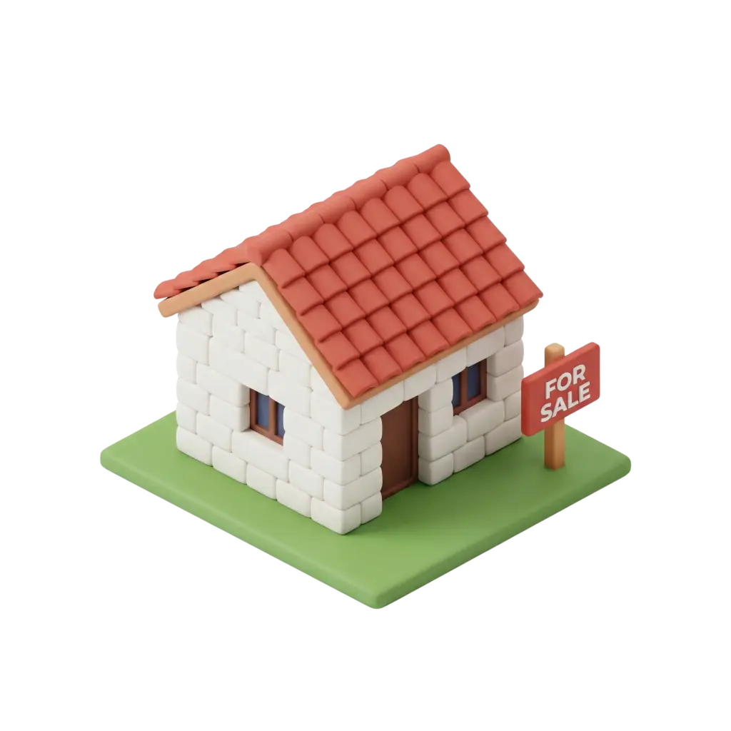 3D render of a stylized small house with white block masonry walls, terracotta tiled gable roof, brown door and window frames, sitting on a green base with a red 'For Sale' sign. Matte clay-like finish and isolated on a transparent background.