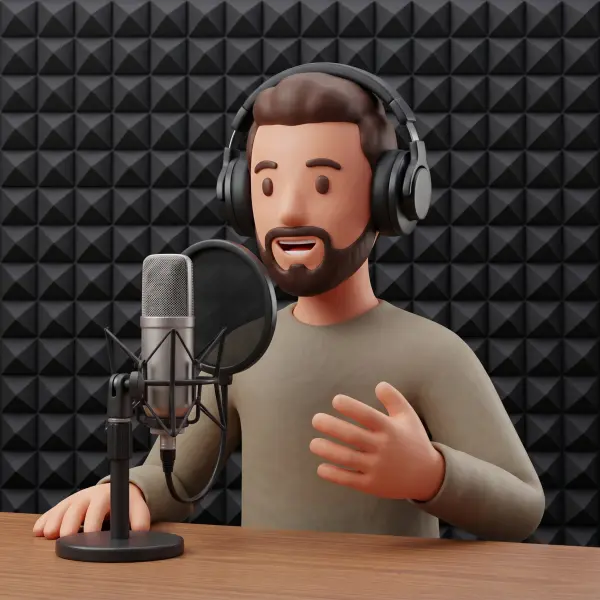 Full-body 3D scene of a male podcaster with a beard wearing over-ear headphones and a beige shirt speaking into a condenser microphone with a pop filter on a wooden desk. The background is covered with black acoustic foam panels and the scene is lit with warm studio lighting.