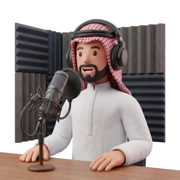 3D render of a male Arab podcaster wearing a red-and-white ghutra and white thobe, seated at a wooden desk with large over-ear headphones speaking into a studio microphone with pop filter. Acoustic foam panels form the recording booth backdrop on a transparent background.