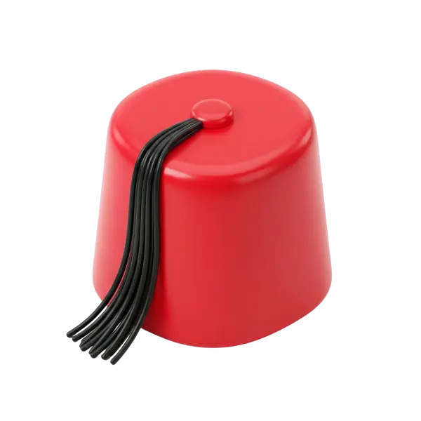3D render of a red fez hat with a tapered cylindrical shape, smooth glossy finish and a bundled black tassel made of multiple cords, isolated on a black background.