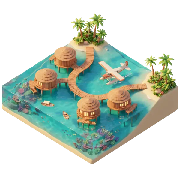 3D render of a small island resort from the Red Sea Project featuring circular overwater wooden bungalows linked by curved wooden walkways, turquoise shallow water with visible coral reefs, palm clusters and a seaplane at the pier. Warm, soft lighting and a glossy toy-like diorama aesthetic in a three-quarter perspective with an isolated transparent background.