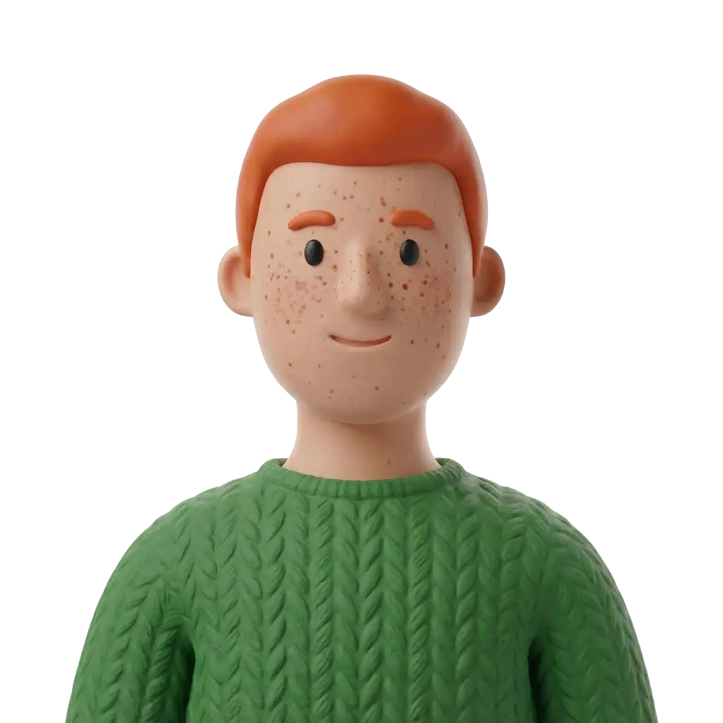 3D portrait bust of a young redhead man with short orange hair and noticeable freckles, wearing a green cable-knit sweater and facing forward with a subtle smile. Solid black background, no accessories or props.