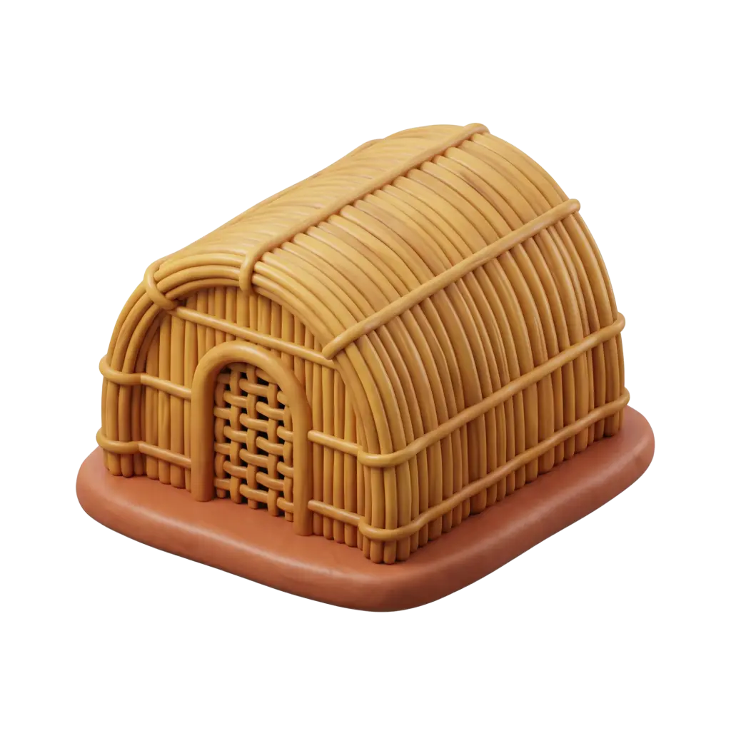 3D render of a stylized reed house model with woven vertical reed bundles and rounded binding rods in warm yellow-tan, sitting on a terracotta matte base against a transparent background.