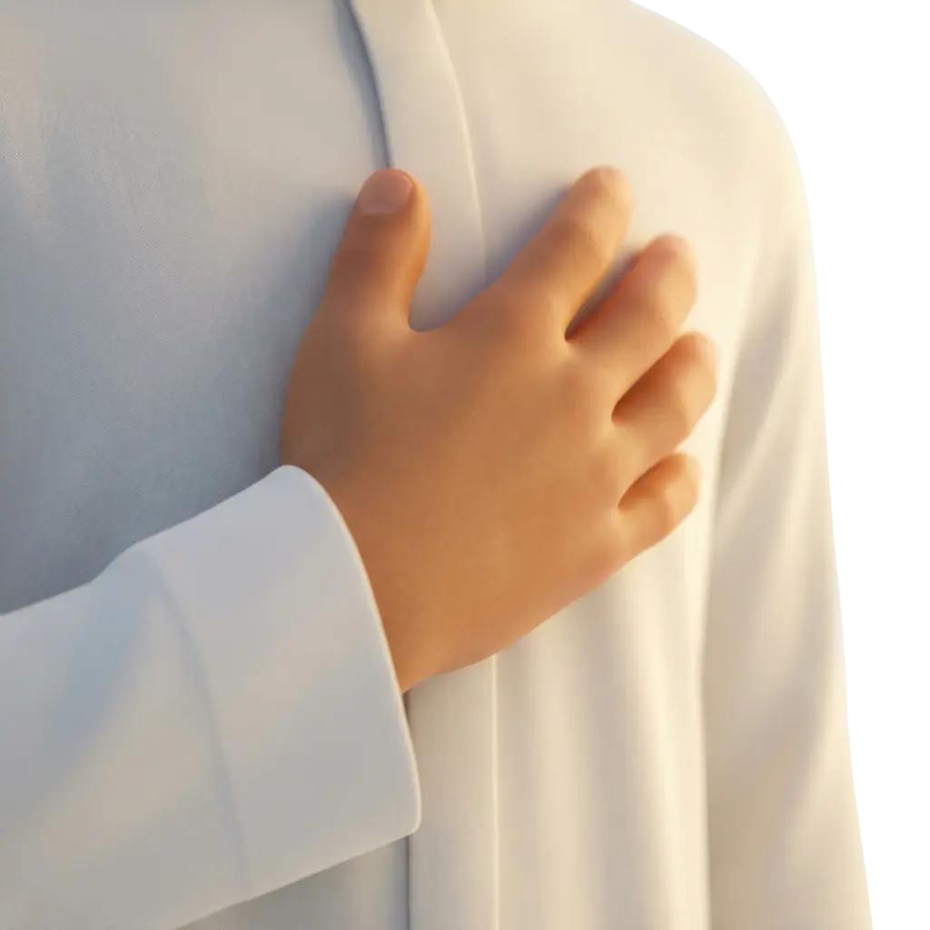 3D render of a hand placed over a white traditional robe (thobe), smooth matte skin and soft fabric folds, isolated with a partially transparent background.