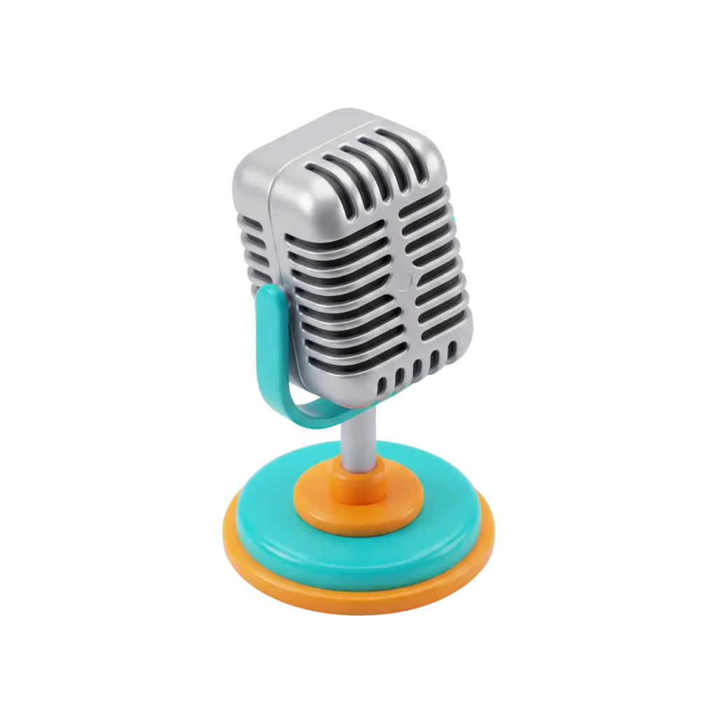 3D render of a retro tabletop microphone with a rounded rectangular metallic silver grille, teal curved side arm and a glossy turquoise-and-orange circular base, isolated on a transparent background.