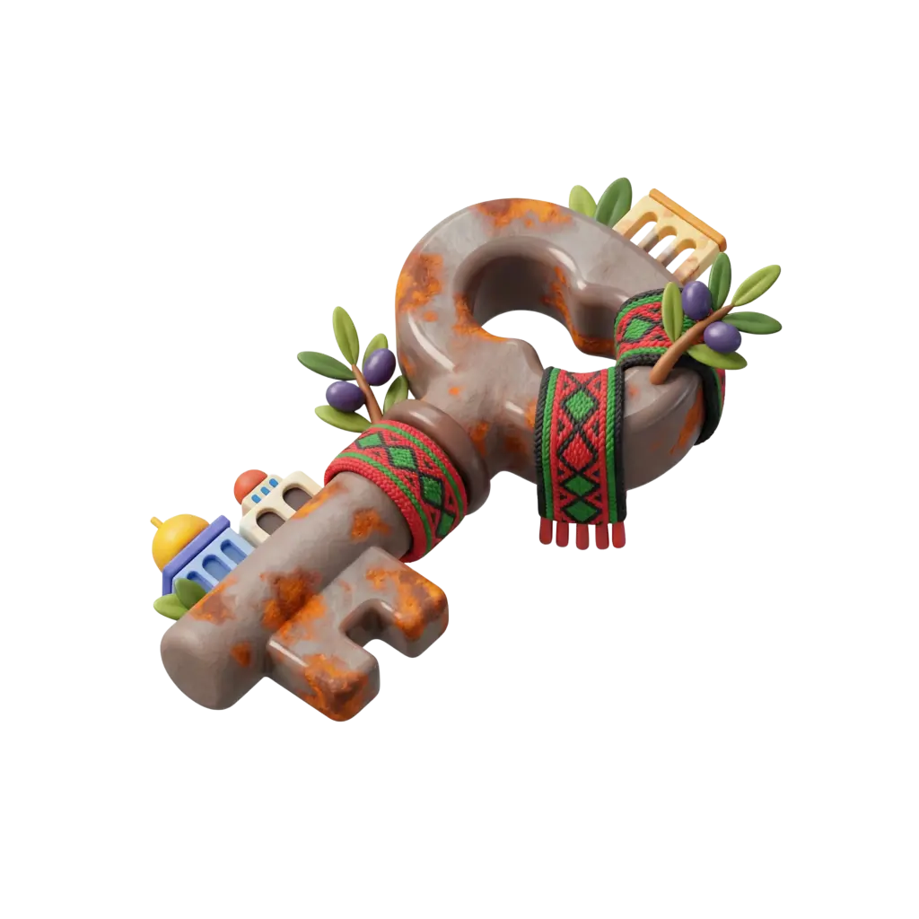 3D render of a stylized vintage key with a weathered metallic surface and rusty patches, wrapped with a red-green embroidered sash and decorated with olive sprigs, purple olives and small dome icons; isolated on a transparent background.