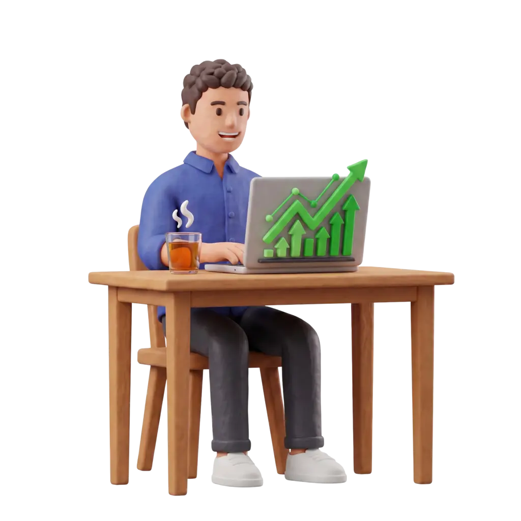 Full-body 3D scene of a male small-business owner in a blue shirt sitting at a wooden table, typing on a laptop that displays green upward sales graphs; a glass of tea sits beside the laptop. Black isolated background with a friendly clay-style 3D look.