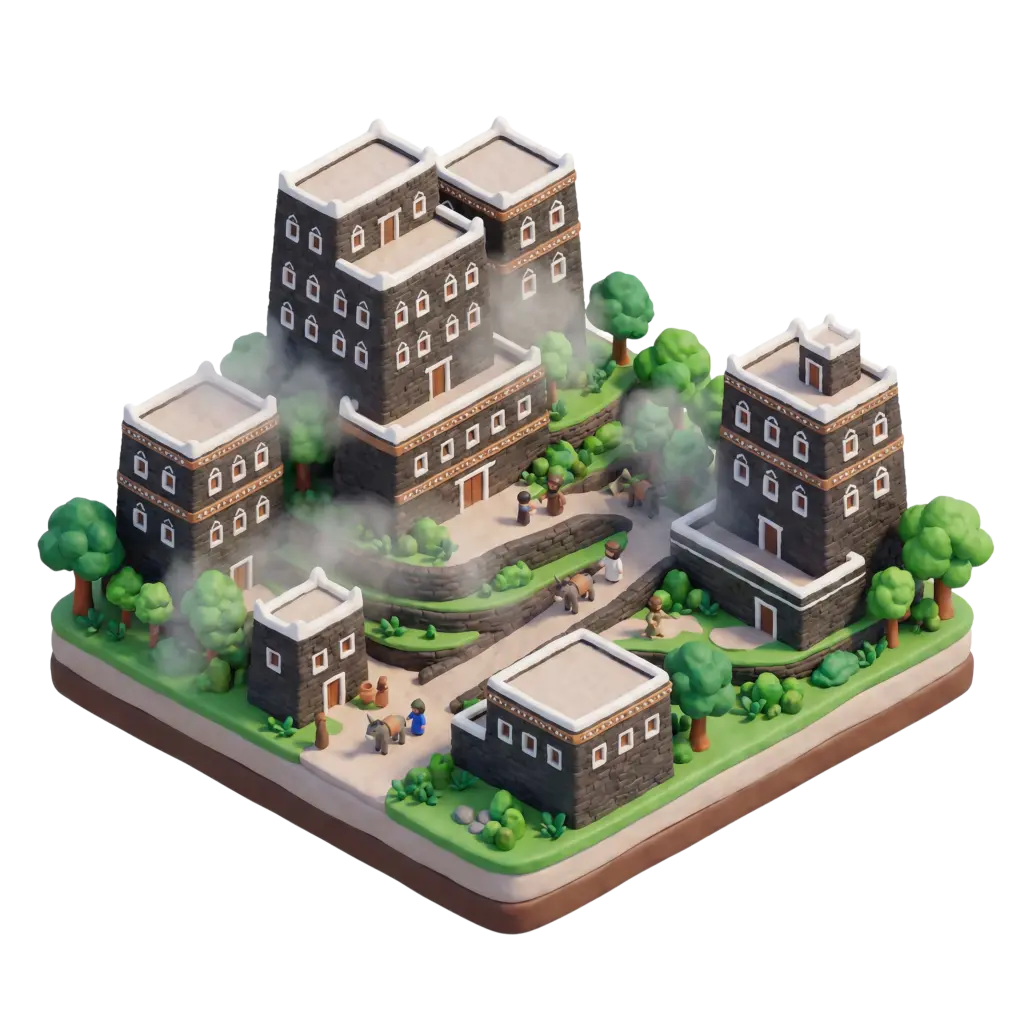 3D render of a diorama-style model of Rijal Almaa showing clustered multistory dark stone tower houses with white-framed windows and decorative bands, terraced pathways, small trees and tiny figures. Isometric perspective with soft studio lighting, light mist around the terraces, and an isolated transparent background.