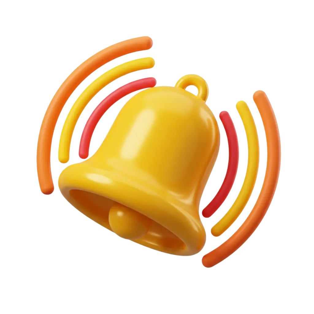 3D render of a glossy yellow notification bell with a rounded clapper and arcing red-orange sound waves, isolated on a transparent background.
