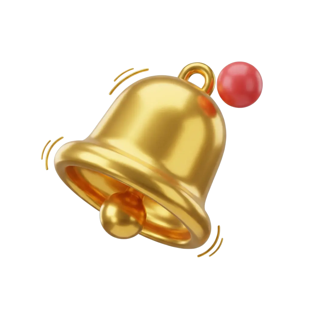 3D render of a glossy golden bell with a visible spherical clapper and a small red top knob, motion lines indicate ringing; isolated on a transparent background.
