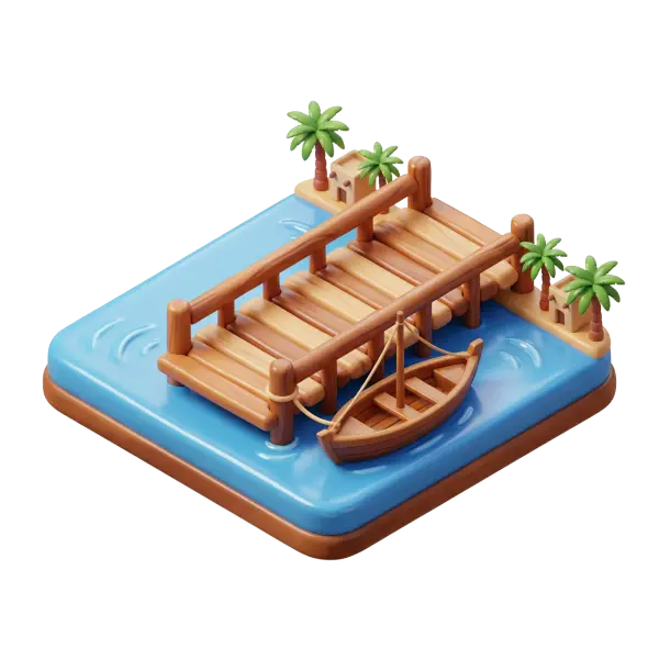 3D render of a stylized wooden river pier with a small rowboat, palm trees and tiny buildings on a glossy blue water base. Isolated on a transparent background with a smooth, rounded, toy-like finish.