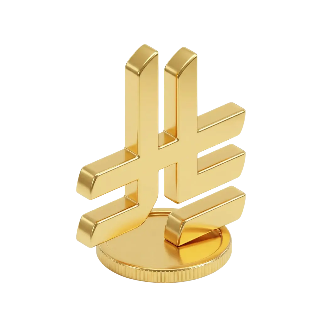 3D render of a glossy gold Riyal currency symbol in a bold block style, mounted on a round gold coin base with smooth metallic reflections and rounded edges. Transparent background.