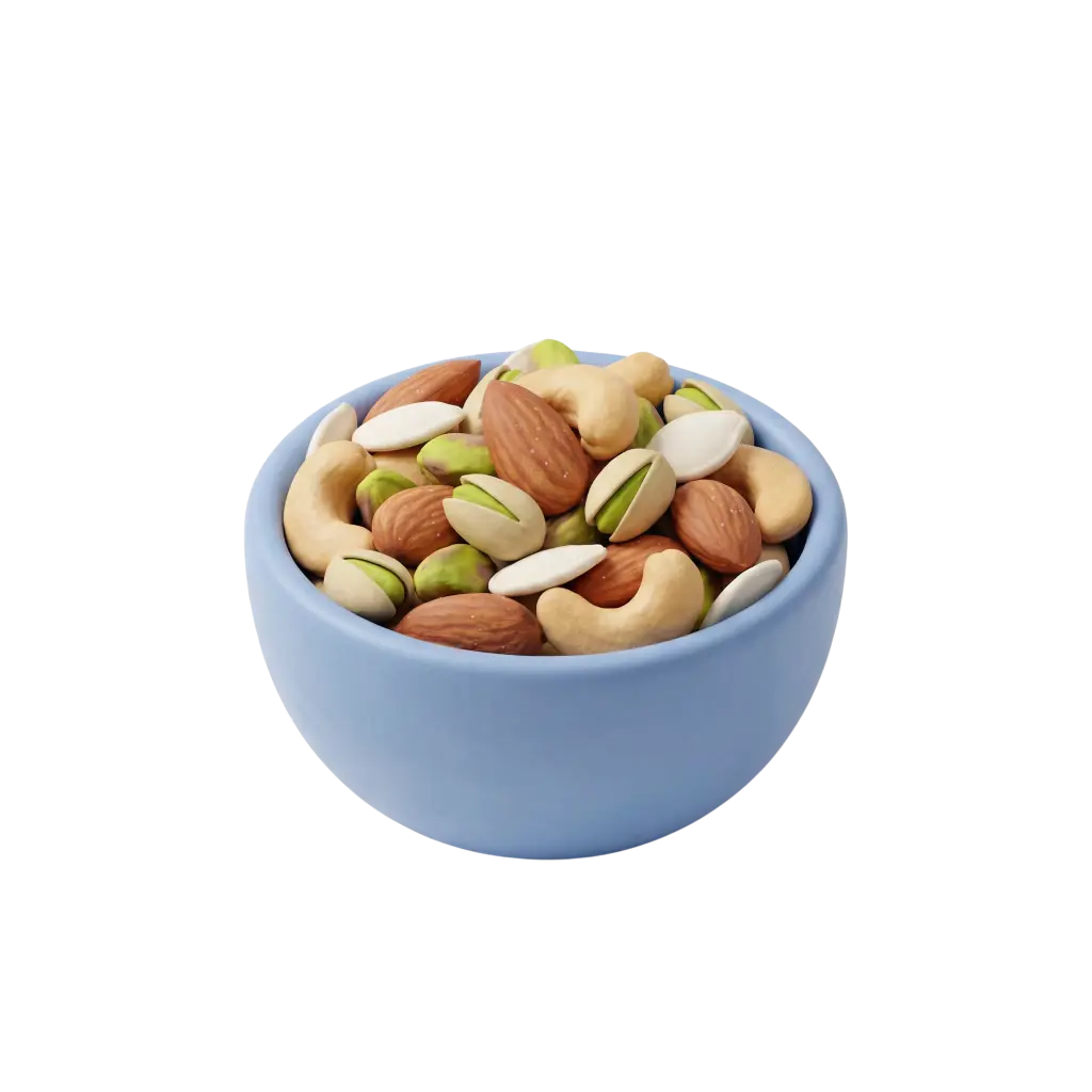 3D render of a light-blue ceramic bowl filled with roasted mixed nuts — visible almonds, cashews, pistachios and pale pumpkin seeds on a black background.