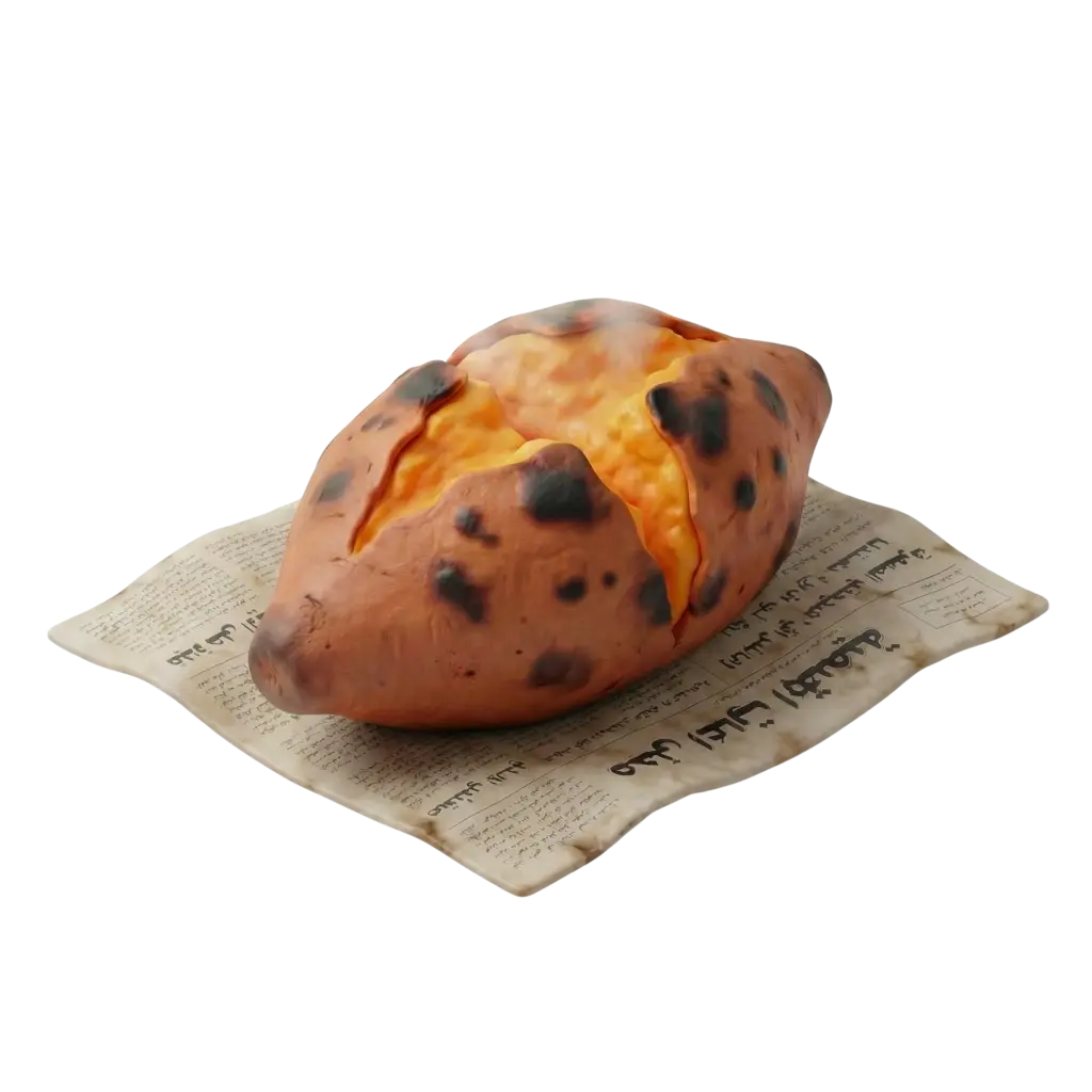 3D render of a roasted sweet potato (batata) resting on a crumpled newspaper, charred brown skin with black spots and split openings revealing bright orange soft flesh, isolated on a black background.