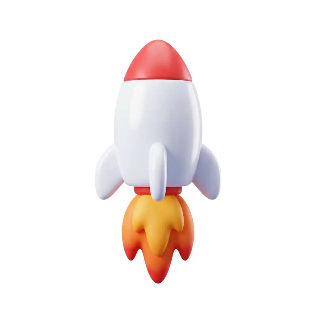 3D render of a stylized cartoon rocket with a glossy white rounded body, red nose cone, three short rounded fins and a layered orange-to-red flame exhaust, smooth plastic-like finish on a transparent background.