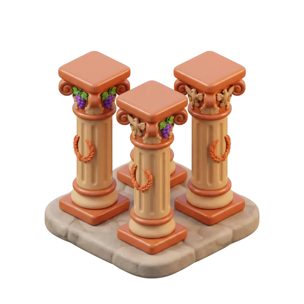 3D render of three stylized Roman columns with fluted shafts and ornate capitals decorated with grape clusters and bird motifs, rendered in terracotta and sandstone matte materials and placed on a square stone base. Transparent background.
