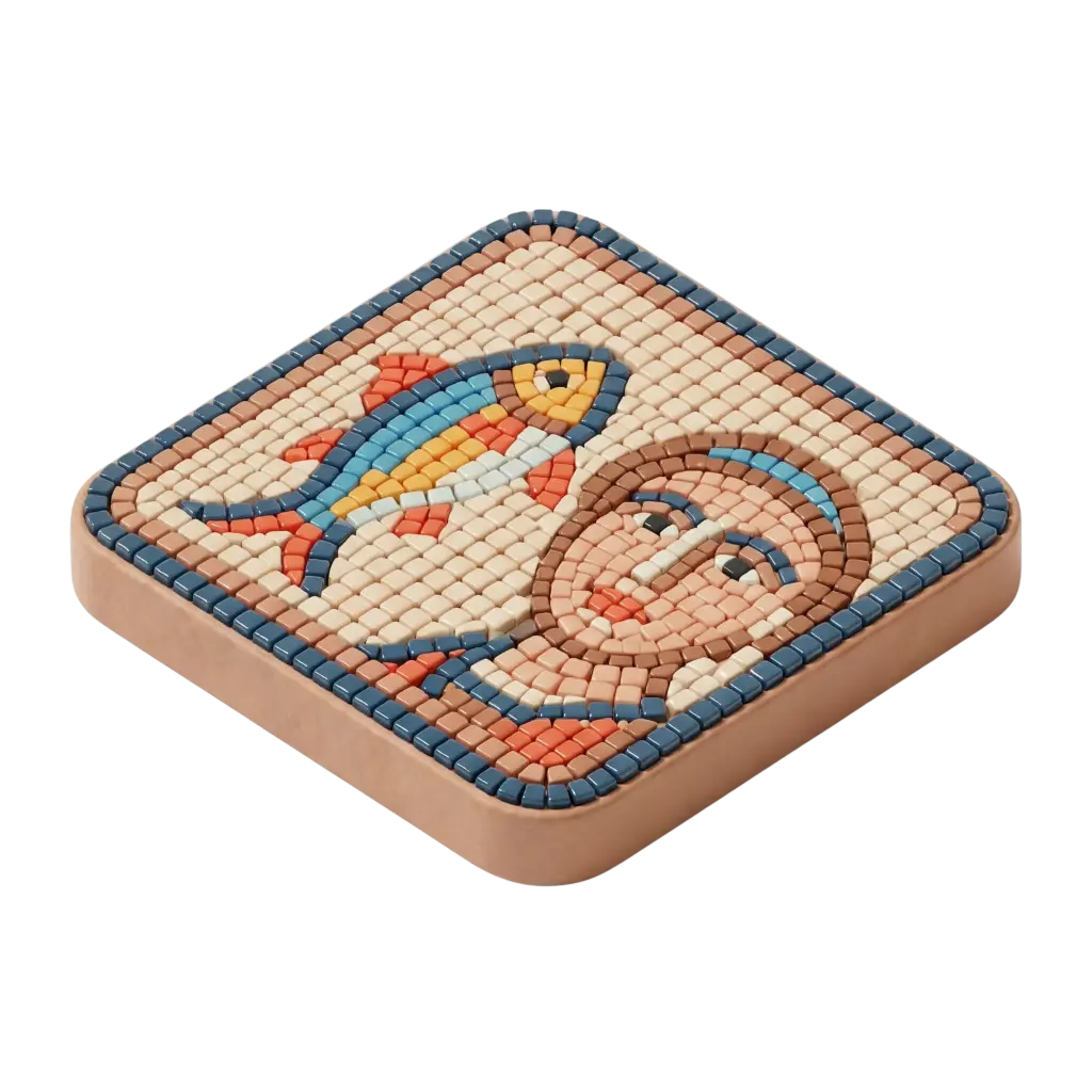 3D render of a square rounded Roman-style mosaic tile made of small glossy ceramic tesserae in beige, blue, red and yellow tones showing a fish and a stylized human face on a transparent background.