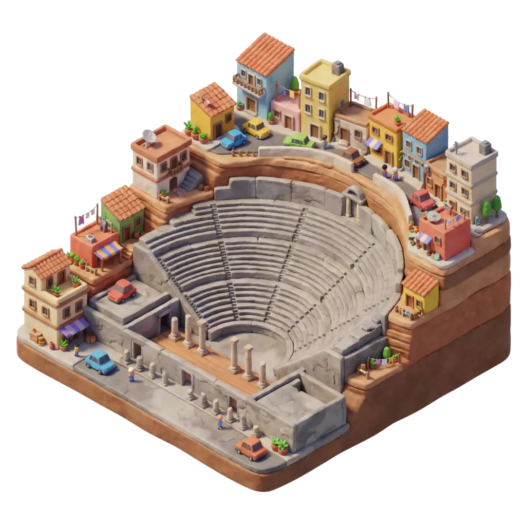 3D render of a Roman stone amphitheater carved into a hillside, surrounded by colorful low-rise houses, tiny cars and people in a stylized clay-like isometric scene, warm lighting and soft shadows on an isolated dark background.