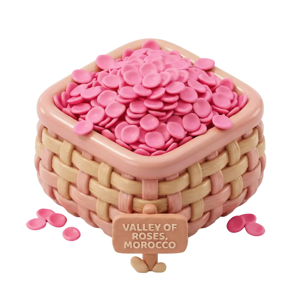 3D render of a square woven basket filled with piled pink rose petals, glossy ceramic/plastic-like finish on both basket and petals, small sign reading 'Valley of Roses, Morocco' visible at the front; isolated on a transparent background.