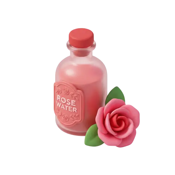 3D render of a frosted pink bottle labeled "ROSE WATER" with an embossed floral label and matching pink stopper, shown next to a stylized pink rose with green leaves on a black background.