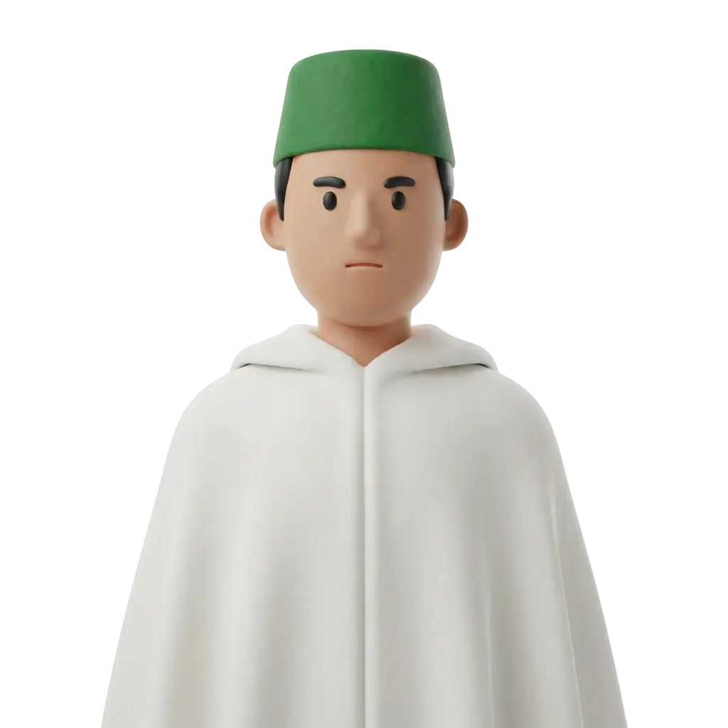 3D portrait bust of a male Moroccan royal guard wearing a green fez (tarbush) and a hooded white jellaba, neutral expression and forward-facing pose. Rendered on a solid black background.