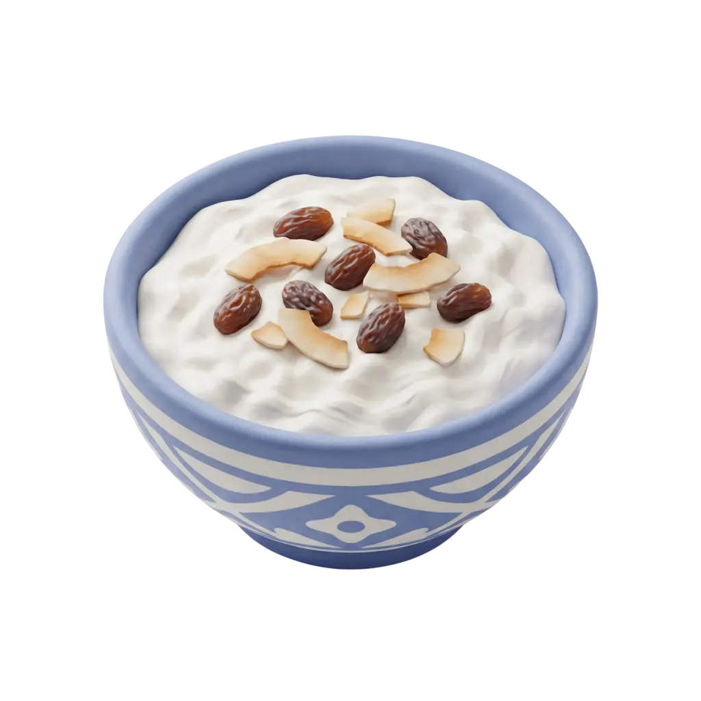3D render of a patterned ceramic bowl filled with creamy white rice pudding topped with whole dates and toasted coconut flakes, isolated on a black background.