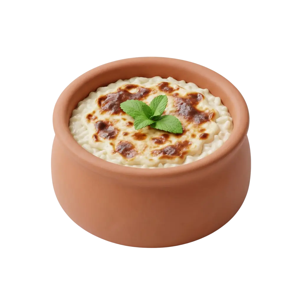 Close-up of a terracotta clay pot filled with creamy baked rice showing a browned, slightly charred cheesy surface and a fresh mint sprig on top, isolated on a dark/transparent background.