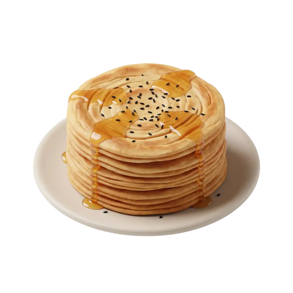 3D render of a stacked Sabaya flatbread on a white plate, showing multiple golden layered rounds topped with dripping syrup and scattered black sesame seeds against a dark background.