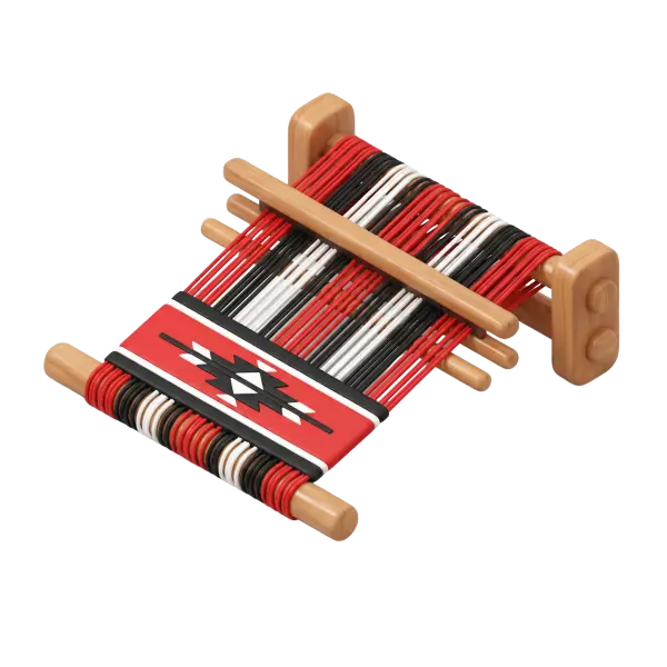 3D render of a Sadu rug on a small wooden loom with red, black and white woven threads, geometric central motif and a matte textile finish; wooden pegs and frame visible, isolated on a transparent background.