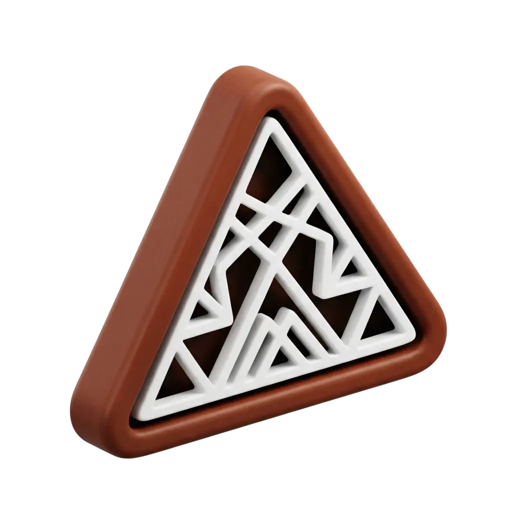 3D render of a triangular decorative object with a rounded brown frame and an inner white geometric lattice inspired by Sadu weaving, smooth matte plastic look on a black background.