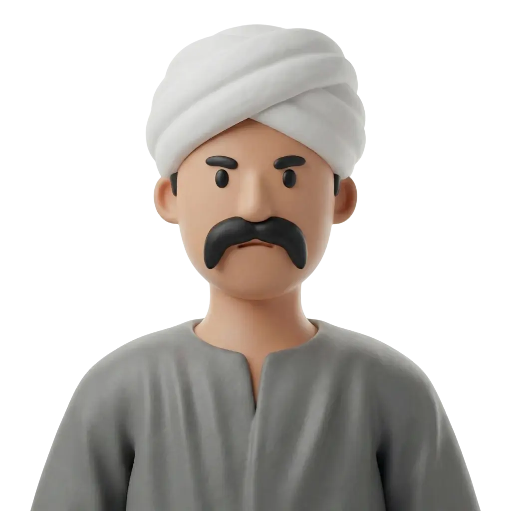 3D portrait bust of a male Saeedi figure wearing a wrapped white turban and a simple grey tunic, with a thick black mustache and neutral serious expression, facing forward; isolated on a plain/background. The render shows head-and-shoulders only with smooth clay-like material and no visible props.