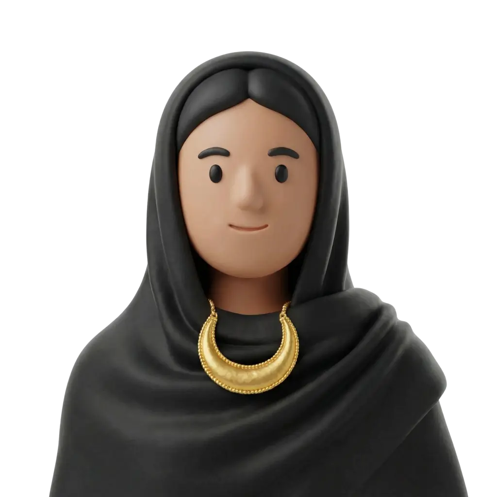 3D portrait bust of a woman wearing a black headscarf draped over her shoulders and a prominent crescent-shaped gold necklace, with a gentle smile and simple facial features. Frontal pose on an isolated black background.