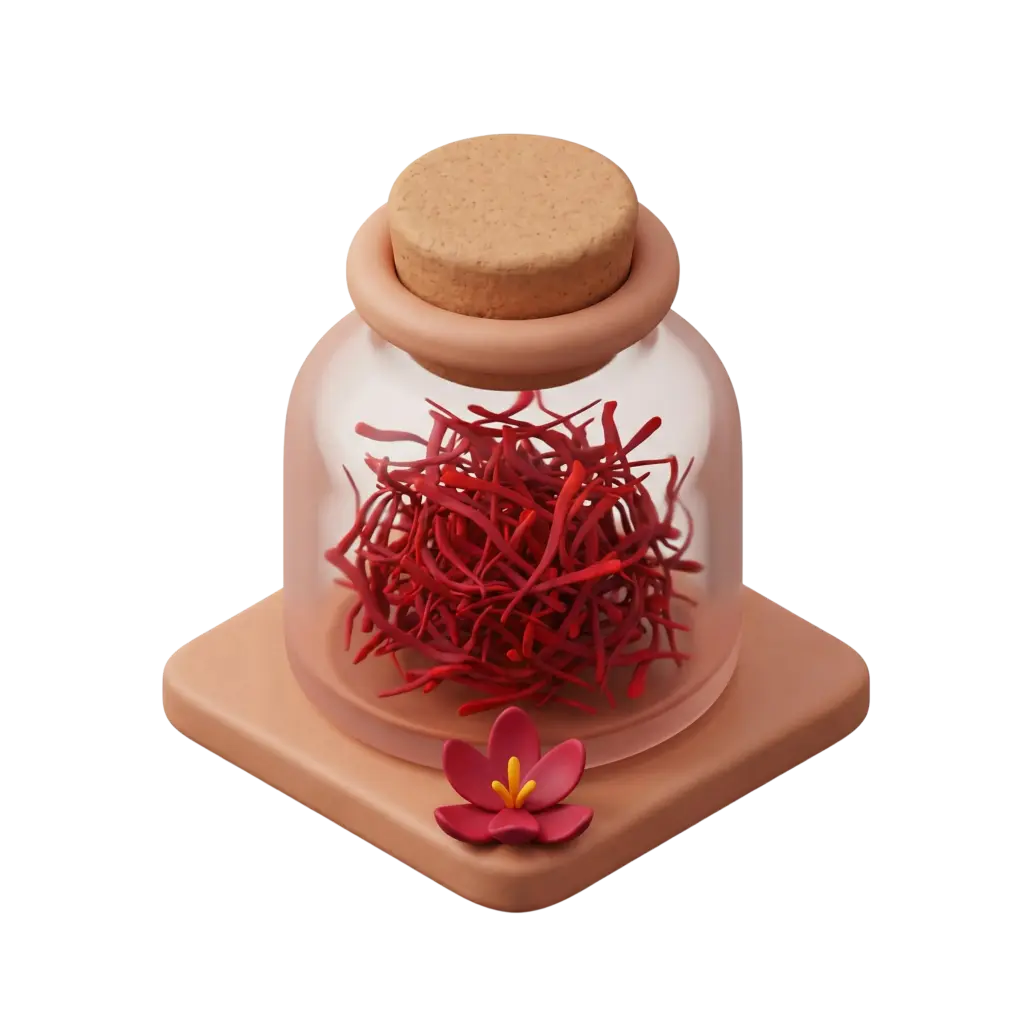 3D render of a small glass jar filled with red saffron threads and sealed with a cork stopper, placed on a matte terracotta square base with a decorative saffron flower, isolated on a black background.