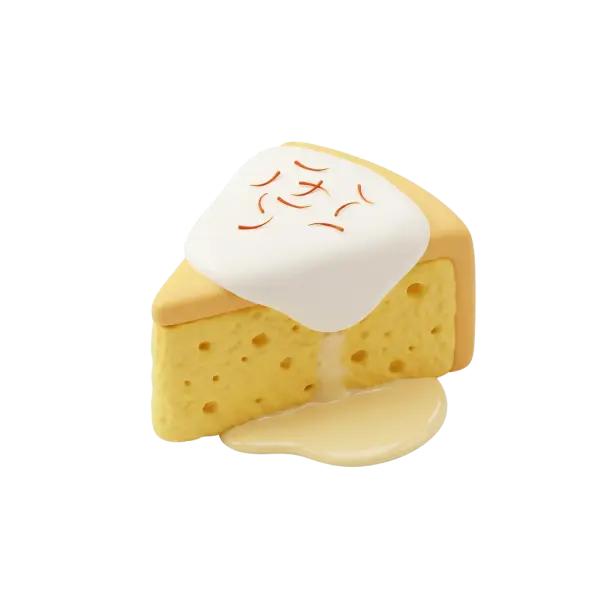 3D render of a single slice of saffron milk cake with a white cream topping sprinkled with saffron threads, a yellow porous sponge texture, and glossy milk sauce dripping and pooling beneath, shown on a black background.